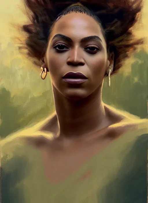 Image similar to portrait of Beyonce practicing wild magic, countryside, calm, fantasy character portrait, dynamic pose, above view, sunny day, thunder clouds in the sky, artwork by Jeremy Lipkin and Giuseppe Dangelico Pino and Michael Garmash and Rob Rey, very coherent asymmetrical artwork, sharp edges, perfect face, simple form, 100mm