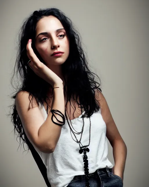 Image similar to a portrait of a beautiful Young female with long disheveled black hair, beautiful and in deep thought, sweet looks, white skin and reflective eyes, black tank top, black leather shiny jeans, an ankh necklace white colors in the background, by David Lazar and Annie Leibovitz 500px photos, top cinematic lighting , cinematic mood, very detailed, shot in canon 50mm f/1.2