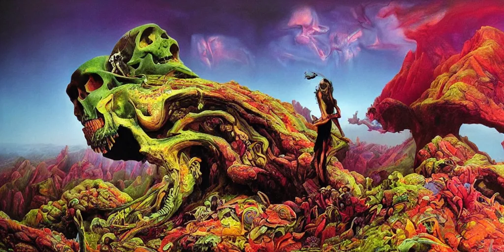 Image similar to ultrawide angle colour masterpiece surreal closeup portrait photography of mountain creature skull hybrid by annie leibovitz and michael cheval, incredible sense of depth and perspective and clarity, weird surreal epic psychedelic complex biomorphic 3 d fractal landscape in background by kilian eng and roger dean and giger and salvador dali and beksinski, 8 k