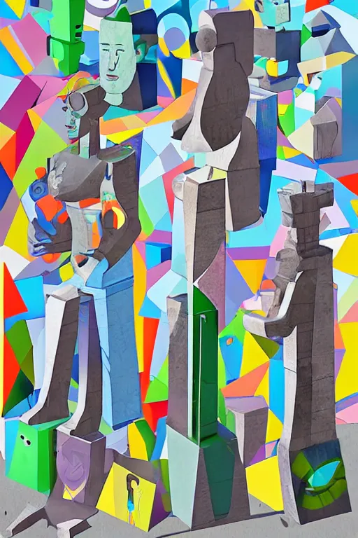 Image similar to cubist moai statue cutout digital illustration cartoon colorful beeple