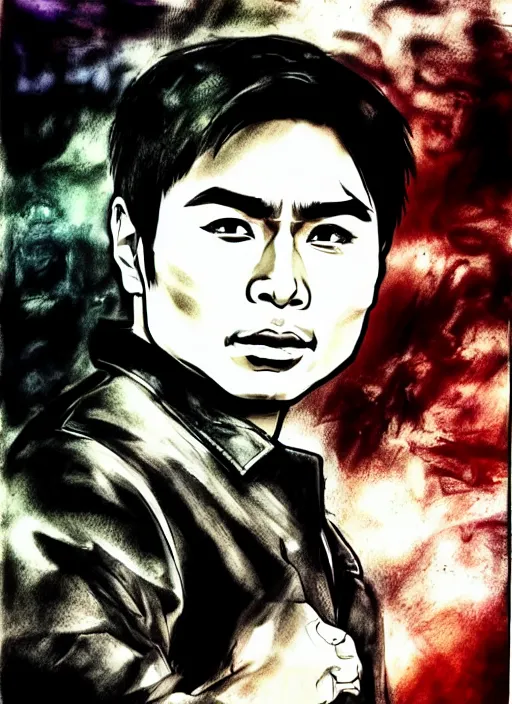 Image similar to coco martin from ang probinsyano in a poster shot, in the style of yoji shinkawa, ink on paper, gritty, dark hues