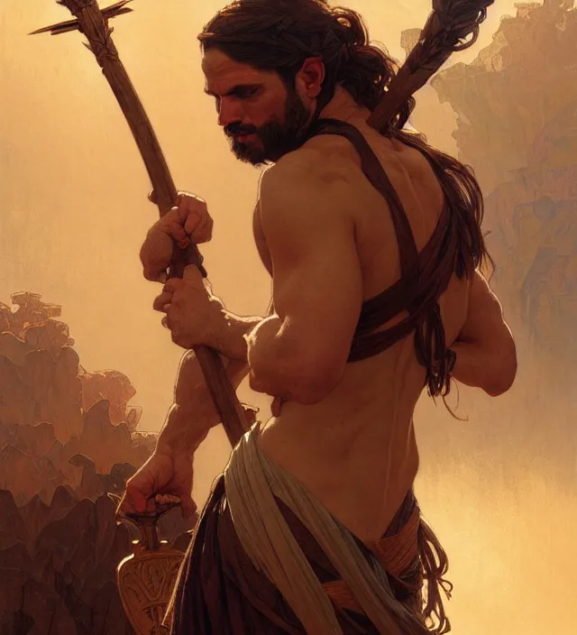 Prompt: portrait of biblical cain holding a spear, headshot, tall, intricate, highly detailed, digital painting, artstation, concept art, sharp focus, cinematic lighting, illustration, art by artgerm and greg rutkowski, alphonse mucha, cgsociety