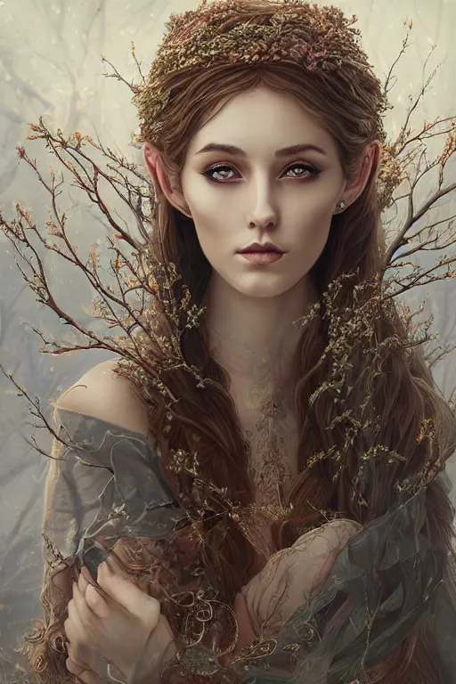 Image similar to portrait of beautiful elvish goddess , 8k, highly detailed, sharp, realistic, in style of Anna Dittmann