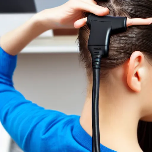 Image similar to usb cable plugged in, back of head, woman, computer, hair clip