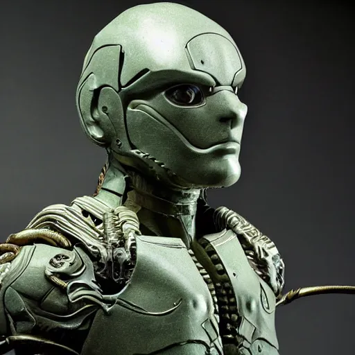 Image similar to Prometheus Engineer from the movie Prometheus (2012), highly detailed, symmetrical long head, raiden metal gear, cinematic smooth stone, deep aesthetic, concept art, post process, 4k, carved green metal texture and silk cloth, latex skin, highly ornate intricate details, in the style of frank miller