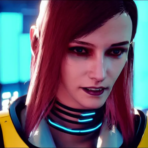Image similar to female V from Cyberpunk 2077 wearing spiked choker, collar, choker, punk, collar, 4K, realistic, futuristic, collar, choker, spiked collar,