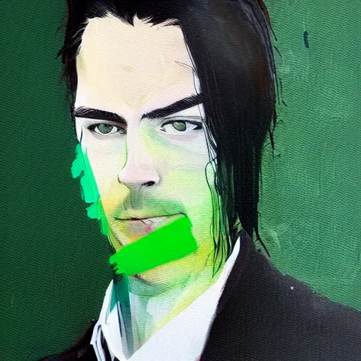 Image similar to closeup, very few thick long paint brush strokes, abstract depiction of the physique of one!!! very thin black suit man with green long straight hair posing dramatically, closeup, matte colors, conrad roset, dark abstract background, abstract painting trending on artstation