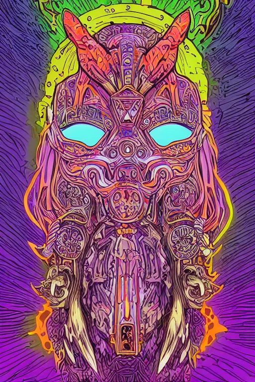 Image similar to animal mask totem roots flower tribal feather gemstone plant wood rock shaman vodoo video game vector cutout illustration vivid multicolor borderlands comics by josan gonzales and dan mumford radiating a glowing aura