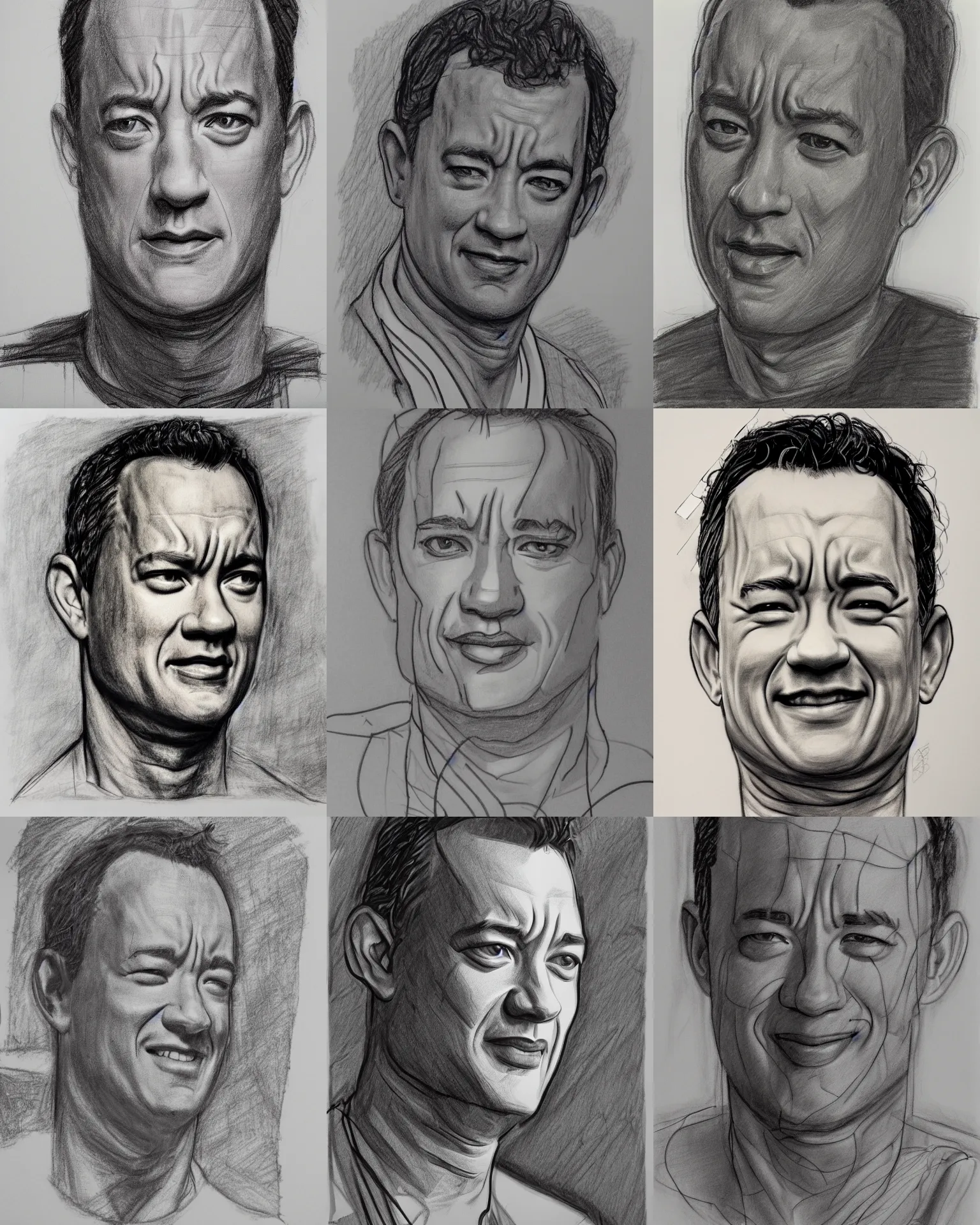 Prompt: linework construction lines preliminary vine charcoal underdrawing of tom hanks, by harold speed