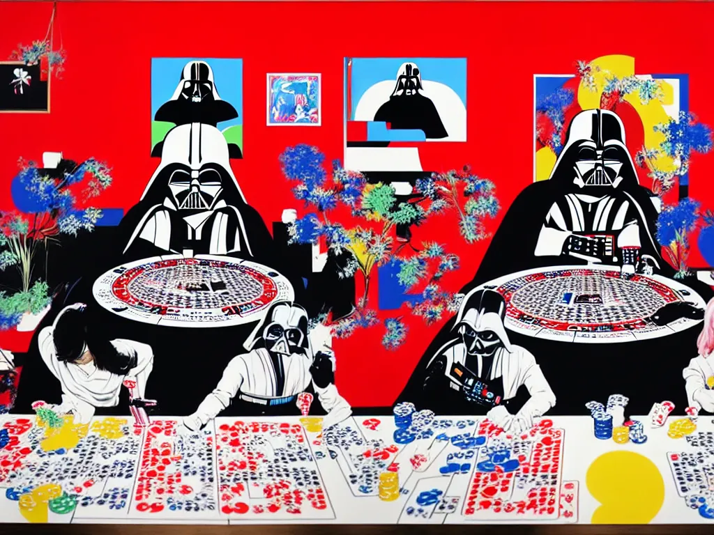 Image similar to hyper - realistic composition of a large room with an extremely detailed poker table in the center, woman in traditional japanese kimono standing nearby, darth vader sitting at the table, fireworks in the background, pop art style, jackie tsai style, andy warhol style, acrylic on canvas, dull palette