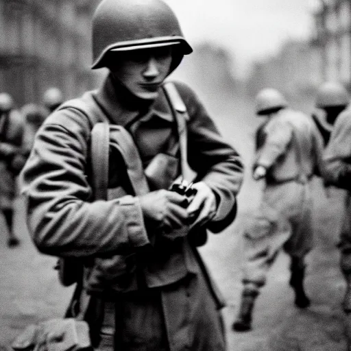 Image similar to an award winning photo of a discord moderator fighting in world war 2, leica iiia, 4 k, high quality, black and white