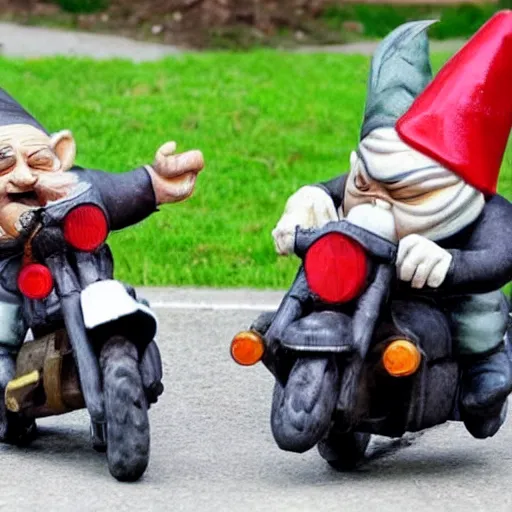Prompt: drunken gnomes on a motorcycle flee from a police chase
