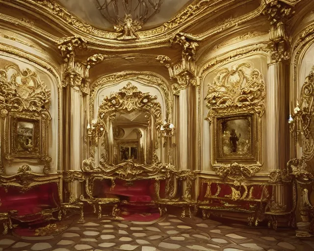 Image similar to photo of rococo interior, hyperrealism, extreme detail, intricate, elegant, highly detailed, sharp focus