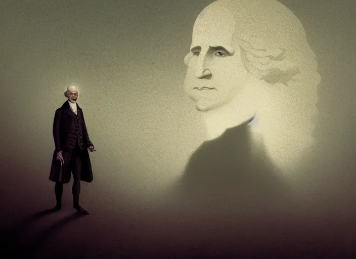 Prompt: portrait of george washington, colorful, mads berg, karolis strautniekas, christopher balaskas, stippled light, low fog, moody, fine texture, editorial illustration, dramatic lighting, dynamic composition, detailed, matte print, muted color, ( ( victo ngai ) ), wide angle ( ( sunbeams ) )