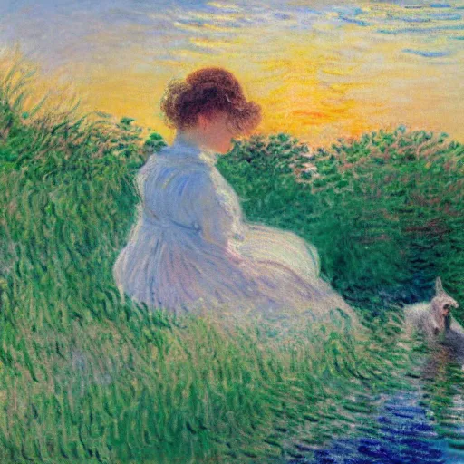 Image similar to girl with curly blonde hair sits next to her white pitbull, sitting on a riverbank watching the sunset, painting by monet