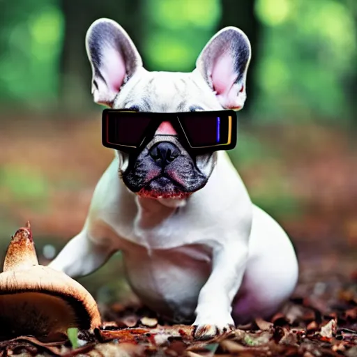 Image similar to french bulldog wearing round goggles sitting on a mushroom in a forest, hyper realistic, HD, HQ, photo realistic