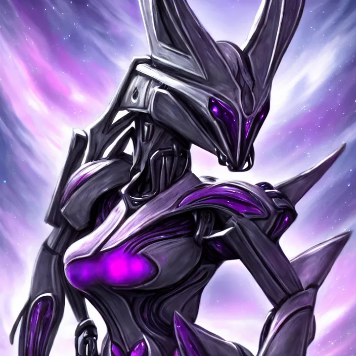 Prompt: cinematic close shot, cosmic sized proportional stunning beautiful hot female warframe, detailed robot mecha female dragon head, metal ears purple eyes, sleek silver armor, fuschia skin, floating in empty space, nebula sized, posing elegantly, epic proportions, epic size, epic scale, furry art, dragon art, giantess art, warframe fanart, furaffinity, deviantart