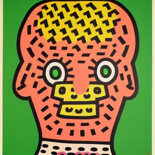 Prompt: head of a man full of things by keith haring and takashi murakami, empty green canvas, pop culture, colorful