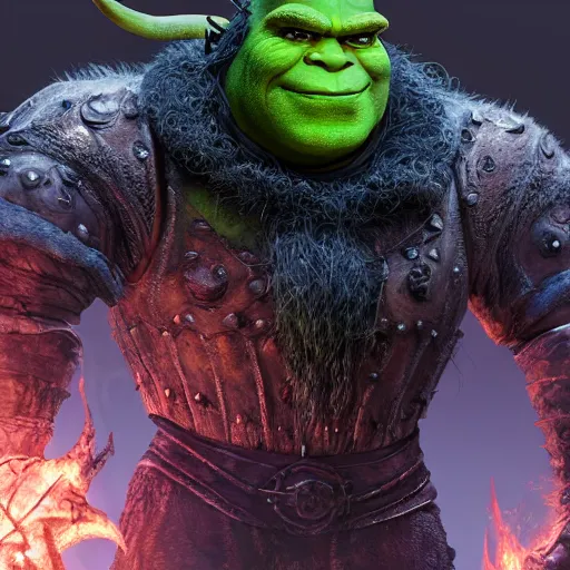 Image similar to Beautiful ultra detailed concept art painting of Shrek as a boss from Elden Ring Dark Souls game, a terrible zbrush sculp of a fearsome green ogre, unreal engine raytracing by Ross Tran, menacing pose, horns and fire