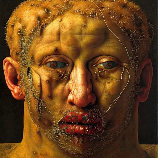 Image similar to half boy half old man made of greasy spaghetti, by giuseppe arcimboldo and ambrosius benson, renaissance, intricate and wet oil paint, a touch of beksinski, realistic