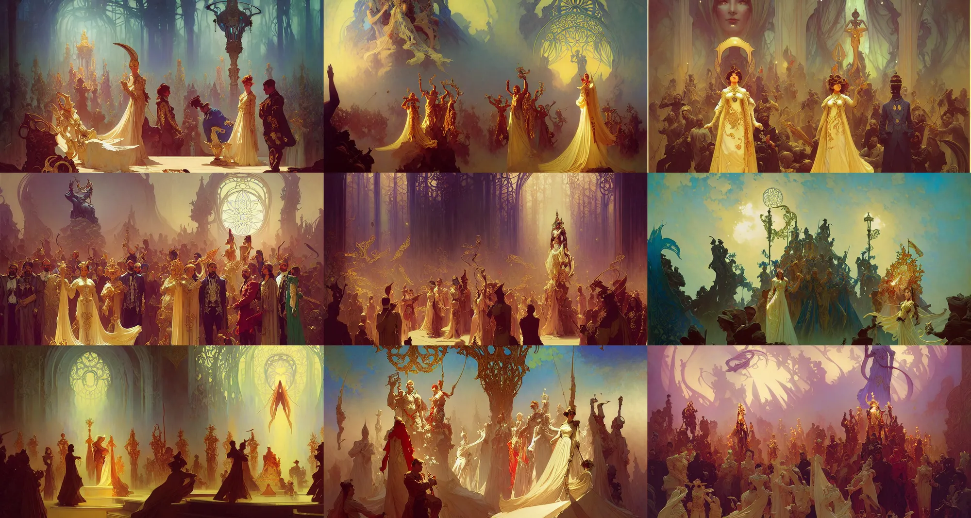 Prompt: coronation ceremony, art nouveau, fantasy, art by joseph leyendecker, peter mohrbacher, ivan aivazovsky, ruan jia, reza afshar, marc simonetti, alphonse mucha