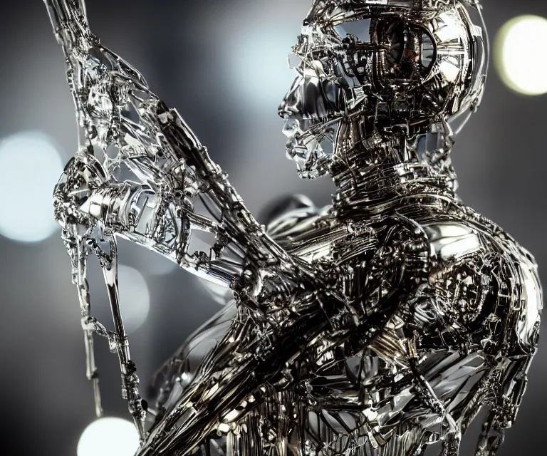 Image similar to semi - transparent glowing cyborg sitting on an intricate metal throne, fantasy sci - fi, majestic lighting, metallic, 2 0 0 mm focus, bokeh