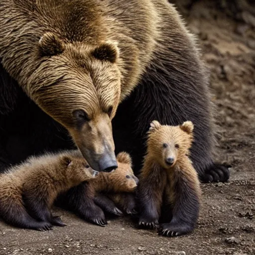 Image similar to a mother bear and her cubs sleeping in a dark cave