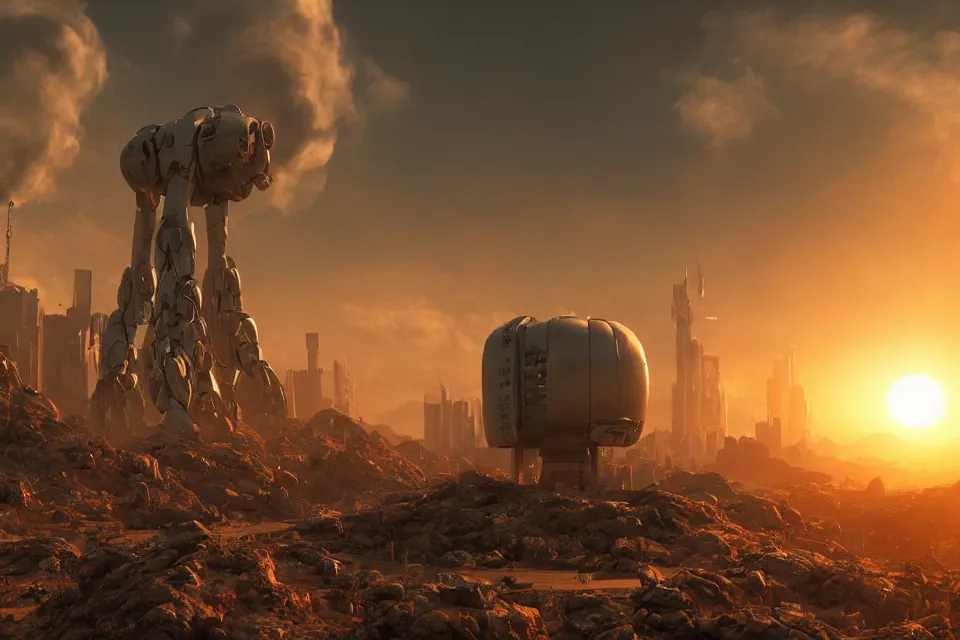 Prompt: The Nuclear Robot Apocalypse Will Be Televised On Alpha Centauri, beautiful aesthetic, photorealistic, volumetric lighting, hyperrealistic, octane render, HDR, photorealistic, bokeh