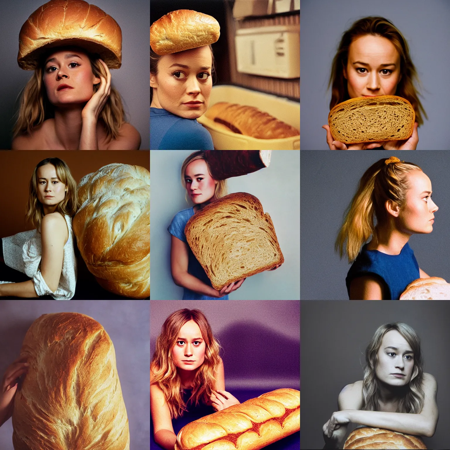 Prompt: brie larson as a loaf of bread, portrait photography, head is bread, cinestill 8 0 0 t, highly detailed