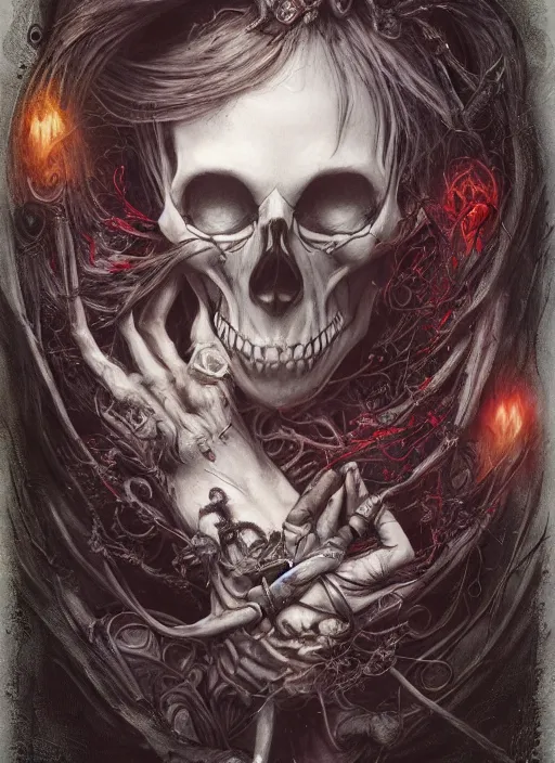 Image similar to Alice in Wonderland,death tarot card,half skull face,highly detailed,cinematic,8k,by Stanley Artgermm,Tom Bagshaw,Greg Rutkowski,Carne Griffiths, Ayami Kojima, Beksinski, Giger,Anne Stokes, Benjamin Lacombe,trending on DeviantArt,hyper detailed,horror, full of colour