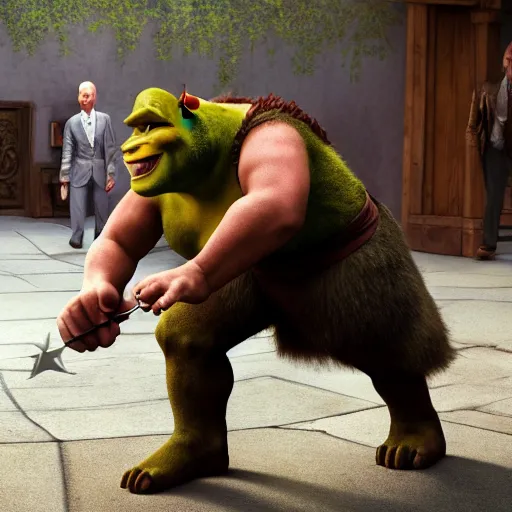 Image similar to keanu reeves fighting muscular shrek, highly detailed, high quality, hd, 4 k, 8 k, canon 3 0 0 mm, professional photographer, 4 0 mp, lifelike, top - rated, award winning, realistic, sharp, no blur, edited, corrected, trending