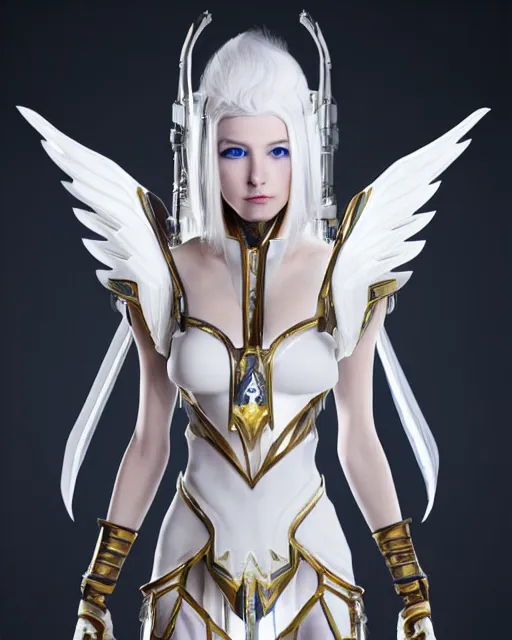 Image similar to perfect white haired attractive egyptian goddess with huge white dove wings, warframe armor, beautiful, symmetric, dreamy, half asian, pretty face, blue eyes, detailed, scifi platform, laboratory, experiment, 4 k, ultra realistic, epic lighting, android body, illuminated, cinematic, masterpiece, art by akihito tsukushi, voidstar