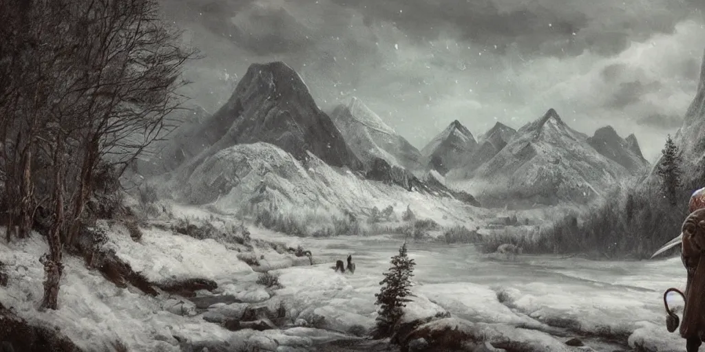 Image similar to A majestic landscape featuring a river, mountains and a forest. A small group of birds is flying in the sky. Harsh winter. very windy. There is a man walking in a deep snow.Camera is positioned behind the man. Cinematic, very beautiful, painting in the style of Lord of the rings