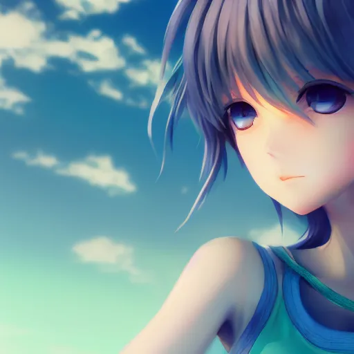 Prompt: render as a very beautiful 3d anime girl, short green hair, azure blue eyes, full round face, short smile, casual clothes, serene beach setting, cinematic lightning, medium shot, mid-shot, highly detailed, trending on Artstation, Unreal Engine 4k, cinematic wallpaper