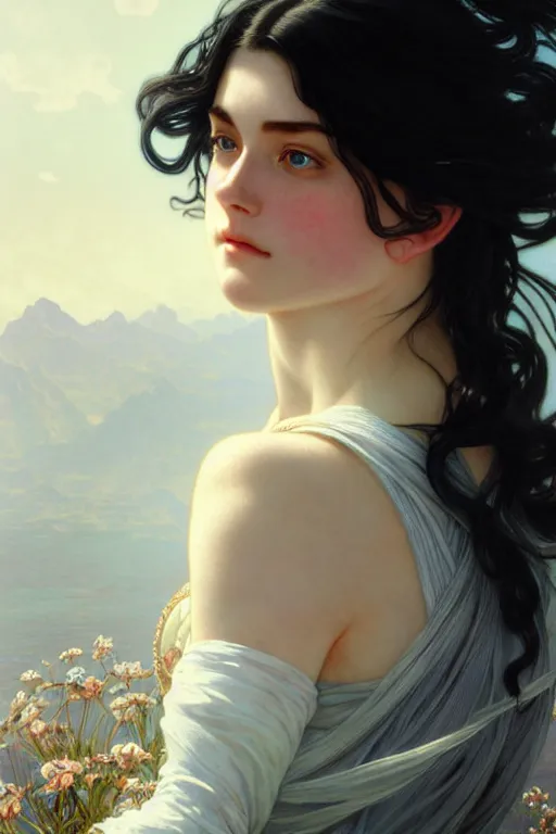 Prompt: ultra realistic, Beautiful black haired woman, Porcelain white complexion, big blue eyes, wearing dress blowing in the wind, detailed background, intricate details, highly detailed, octane render, 8k, art by artgerm and alphonse mucha and greg rutkowski