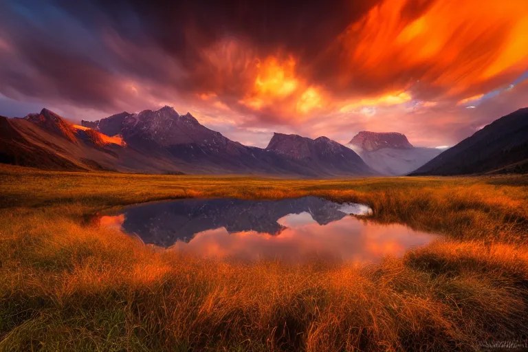 Image similar to amazing landscape photo of mountains with lake in sunset by marc adamus beautiful dramatic lighting