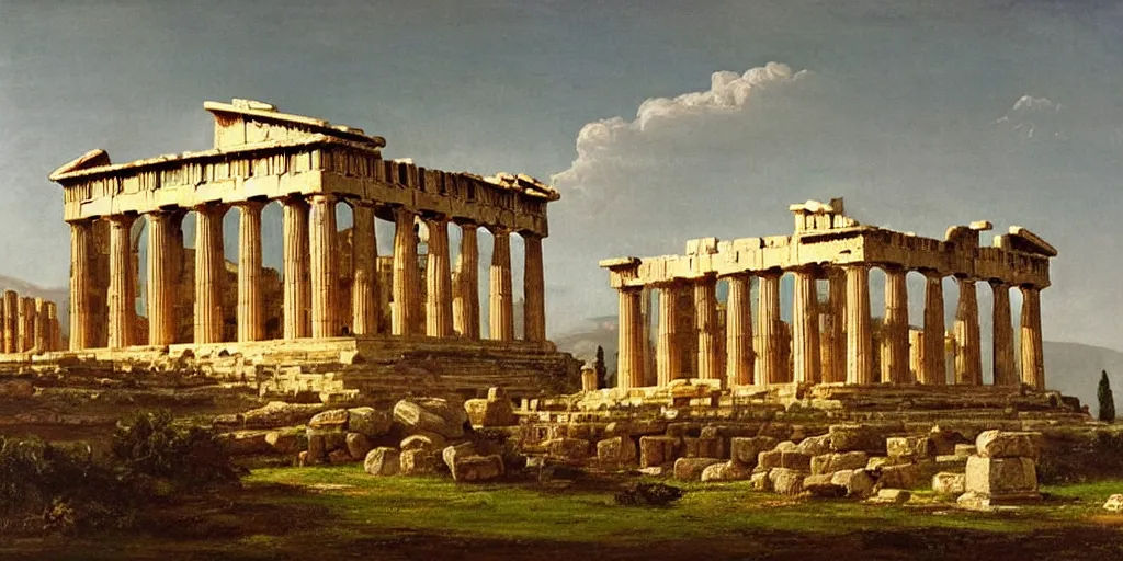 Image similar to a beautiful painting of a greek temple, parthenon, corinth, temple of athena, oil painting, louis dupre, joseph gandy, george maddox, raphael, thomas cole, edwin deakin, auguste racinut, frederic edwin church, masterpiece