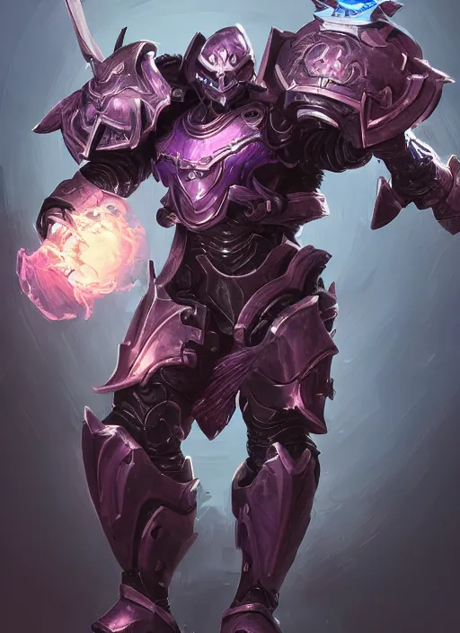 Prompt: a highly detailed illustration of fantasy cyber knight with machine gun arms, rigid bulky armor, purple glowing core in armor, dramatic standing pose, intricate, elegant, highly detailed, centered, digital painting, artstation, concept art, smooth, sharp focus, league of legends concept art, WLOP