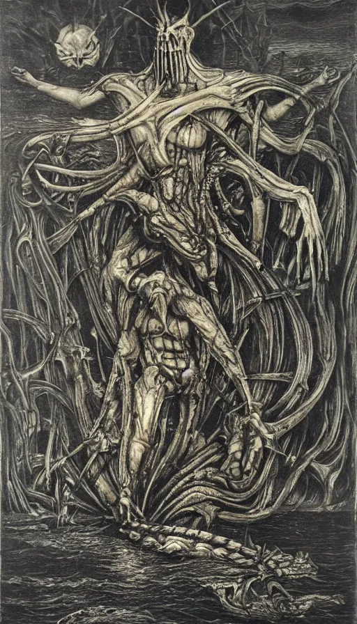 Prompt: man on boat crossing a body of water in hell with creatures in the water, sea of souls, by hr giger