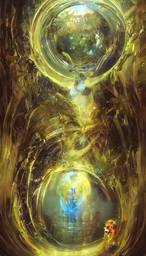 Prompt: goddess of illusion, beautiful, stunning, breathtaking, mirrors, glass, magic circle, magic doorway, fantasy, mist, bioluminescence, hyper - realistic, unreal engine, by john berkey