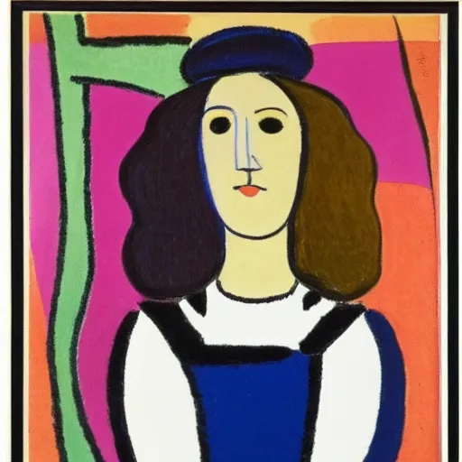 Image similar to by alexej von jawlensky jaunty, realistic. drawing. a young girl stands in the center of the frame, looking off to the side. she wears a school uniform with a short skirt & a striped shirt. the background is a vivid, with wavy lines running through it.