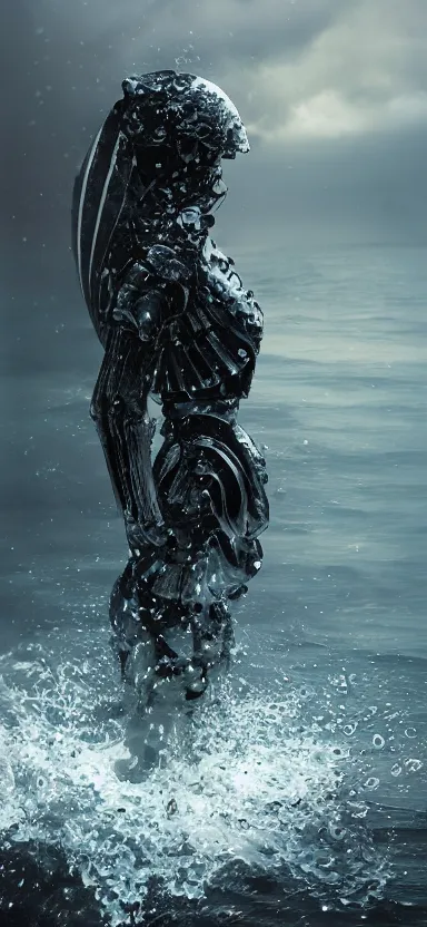 Image similar to suit of armor, made of water, made of liquid, rising up from ocean, water armor, high detail, high contrast, medium close up portrait, studio lighting, stormy seas, beautiful, bokeh, snowy, storm clouds, god rays, d & d, fantasy, elegant, aquamarine color palette, concept art, greg rutkowski and alphonse mucha