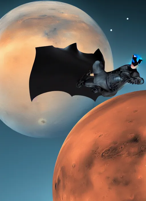 Image similar to ultra realistic batman flying over mars, detailed, 8 k,