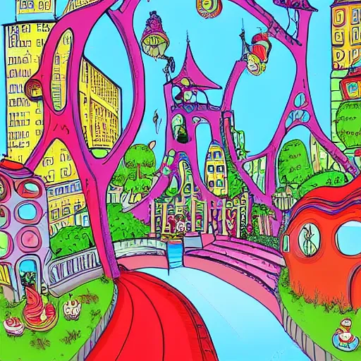 Image similar to fanciful city filled with curvy buildings, by dr seuss, oh the places you'll go, arches, platforms, towers, bridges, stairs, colorful kids book illustration