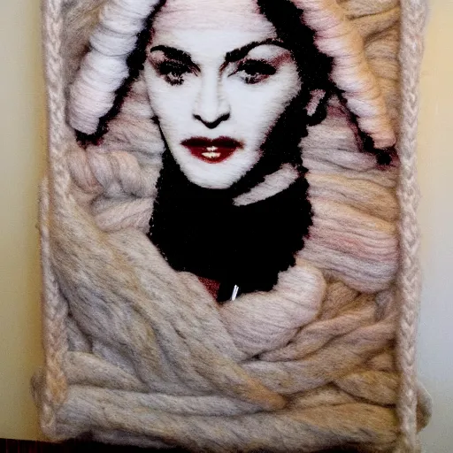 Prompt: madonna made from burning wool