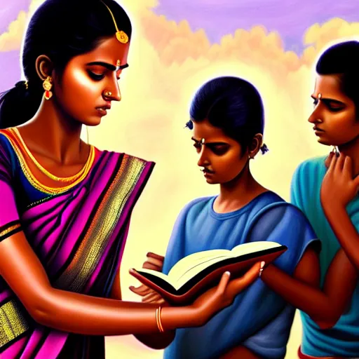 Prompt: hyperrealistic painting of a beautiful young tamil woman holding a notebook while a woman and three men emerge out of the book like genies, detailed digital art, trending on artstation