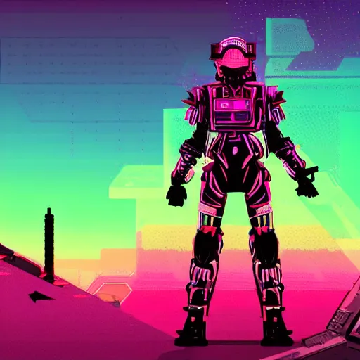 Prompt: a warrior in a intricate retrofuture combat suit in style of synthwave, outrun