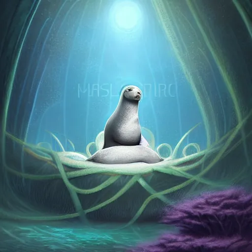 Image similar to beautiful digital fantasy illustration of a Prince in pastel!!!, whimsical acrylic modern pop surrealism, Even Giger-y dark overlords living in the ruins of an ancient system of tunnels and caves like to be comfy every once in a while!, A seal sleeping peacefully in a kelp forest, highly detailed, soft lighting, rendered in octane, masterpiece, very very very aesthetic