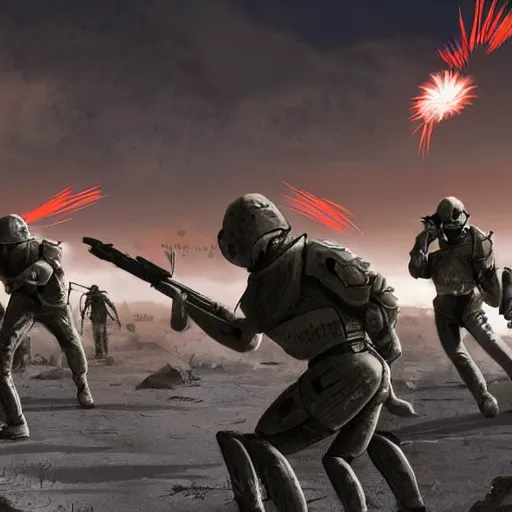 Image similar to science - fiction futuristic apocalyptic war scene with explosions, soldiers shooting