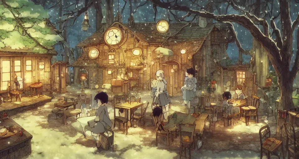 Prompt: Anime visual of a cozy steampunk inn in a magical forest; cheerful and peaceful mood; simple scene; illustrated by Hayao Miyazaki; anime production by Studio Ghibli; winter